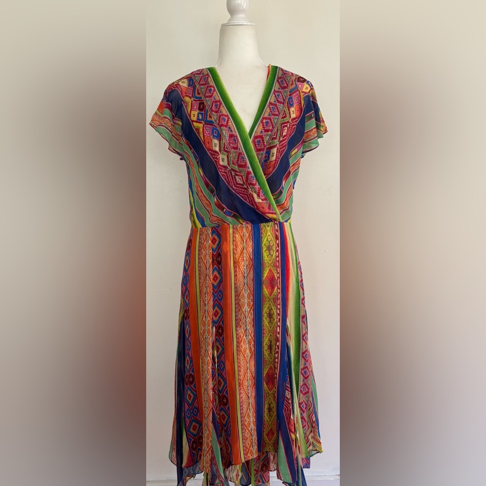 Polo Ralph Lauren mulberry silk multi colour tribal handwoven dress size 6